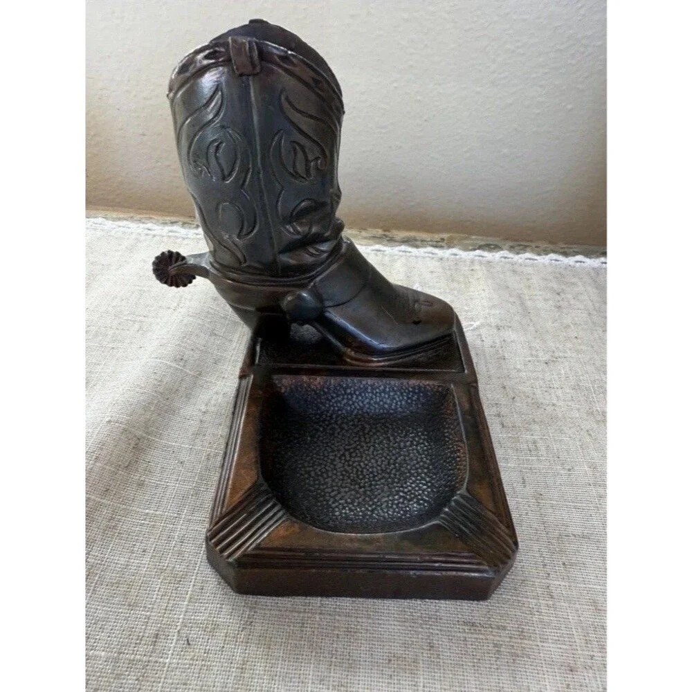 Vtg Bronze Cast Cowboy Boot & Spur Ashtray/ Trinket Holder 1940’s